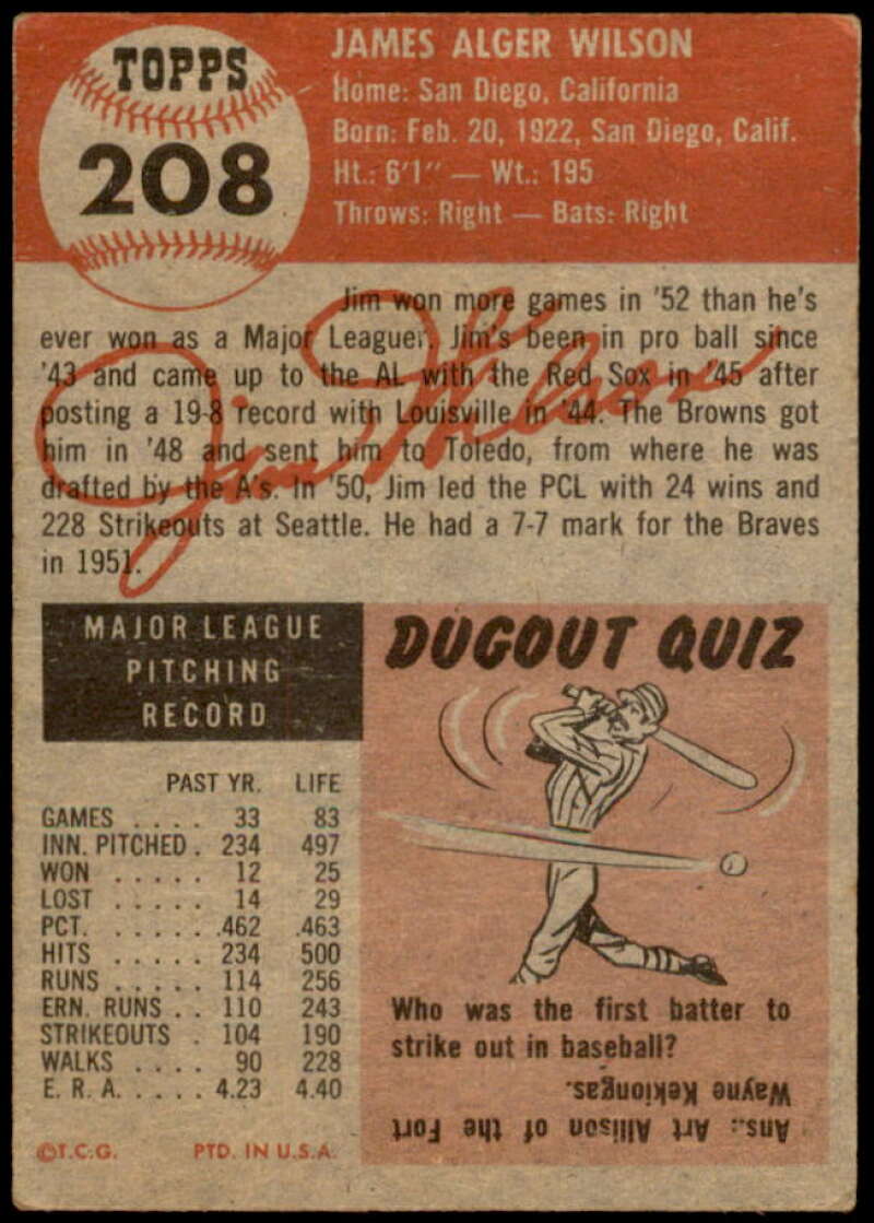 Jim Wilson Card 1953 Topps #208 Image 2