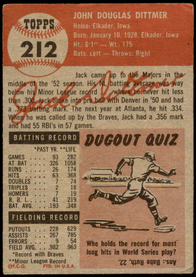 Jack Dittmer Rookie Card 1953 Topps #212 Image 2