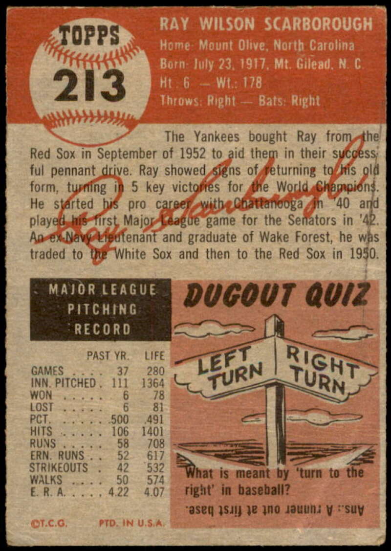 Ray Scarborough Card 1953 Topps #213 Image 2