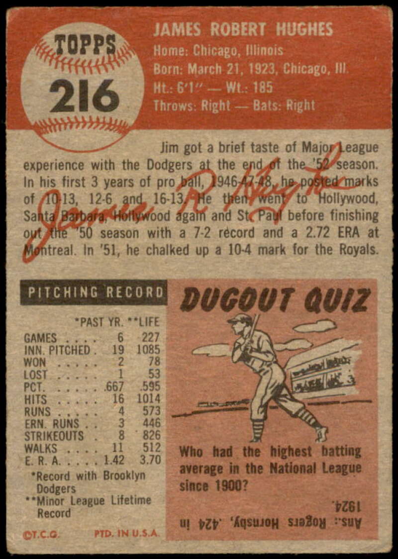 Jim Hughes Rookie Card 1953 Topps #216 Image 2