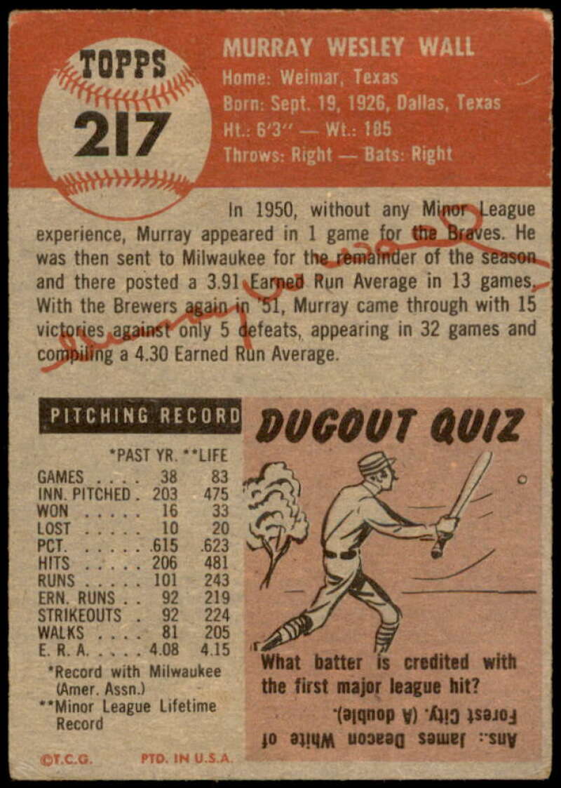 Murray Wall Rookie Card 1953 Topps #217 Image 2