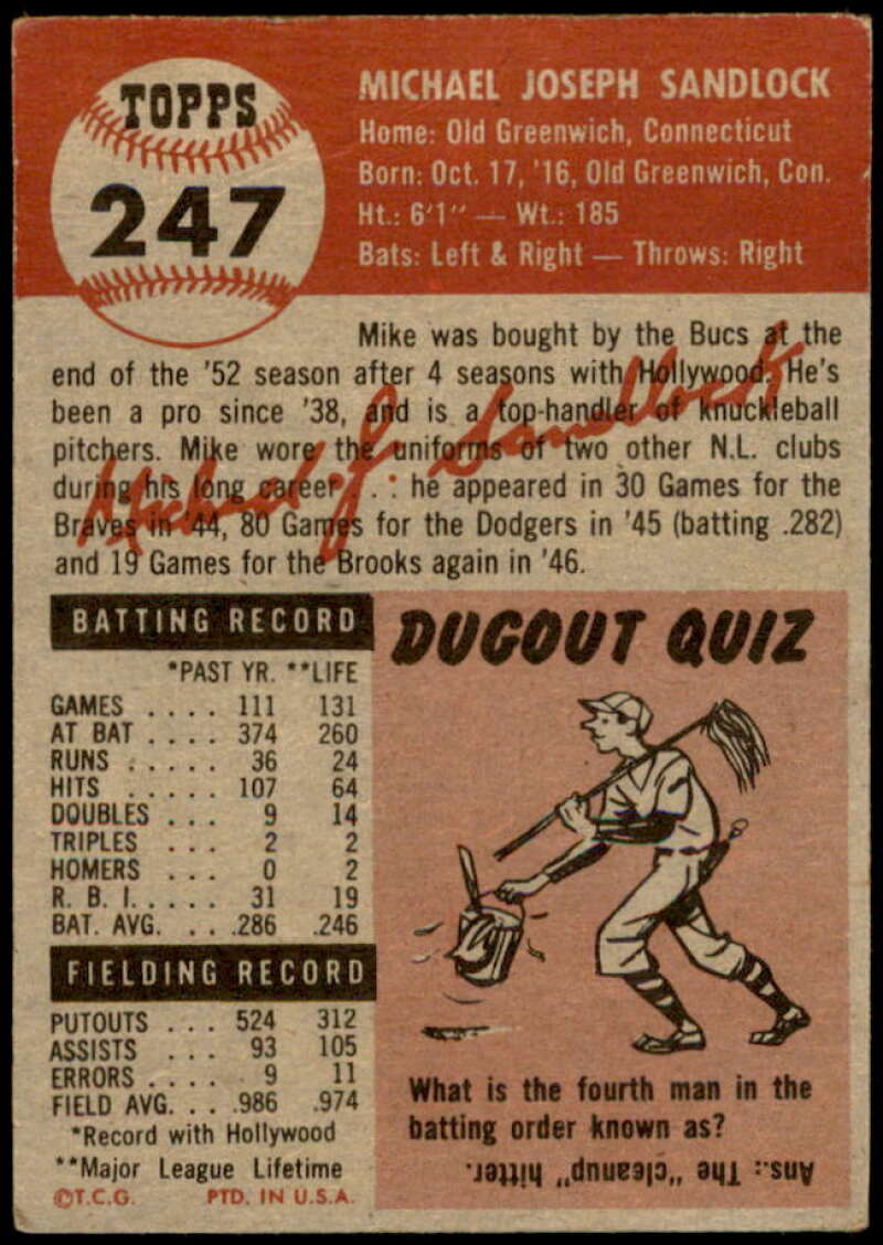 Mike Sandlock Rookie Card 1953 Topps #247 Image 2