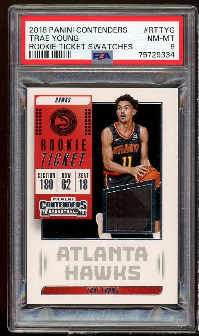 Trae Young Rookie 2018-19 Panini Contenders Rookie Ticket Swatches #RTTYG PSA 8 Image 1