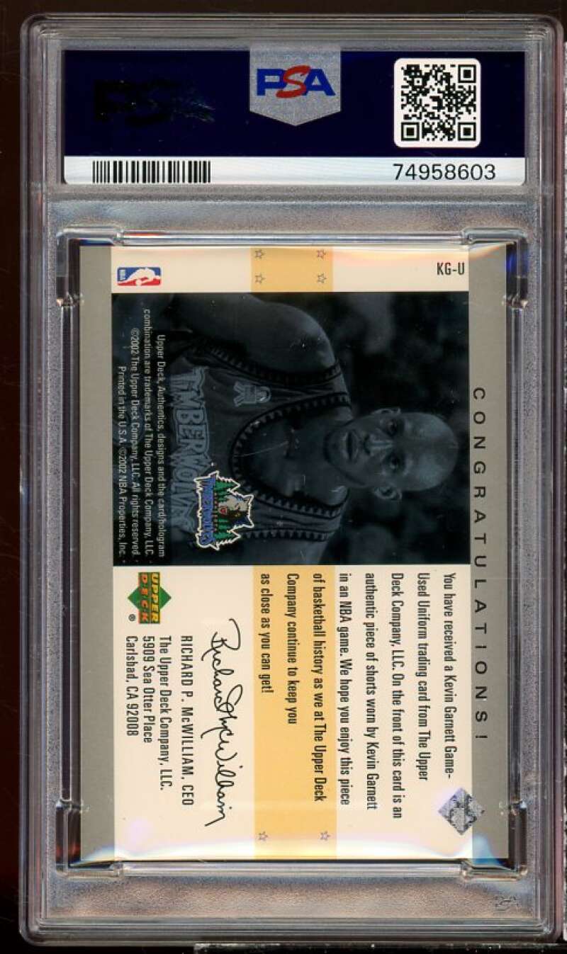 Kevin Garnett Card 2002-03 UD Authentics Uniform Greatness (pop 5) #KG-U PSA 9 Image 2