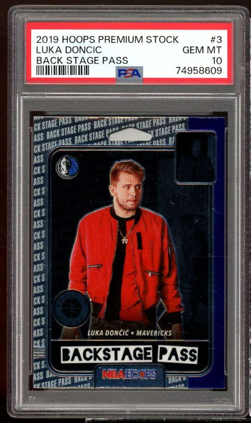 Luka Doncic Card 2019-20 Hoops Premium Stock Back Stage Pass #3 PSA 10 Image 1