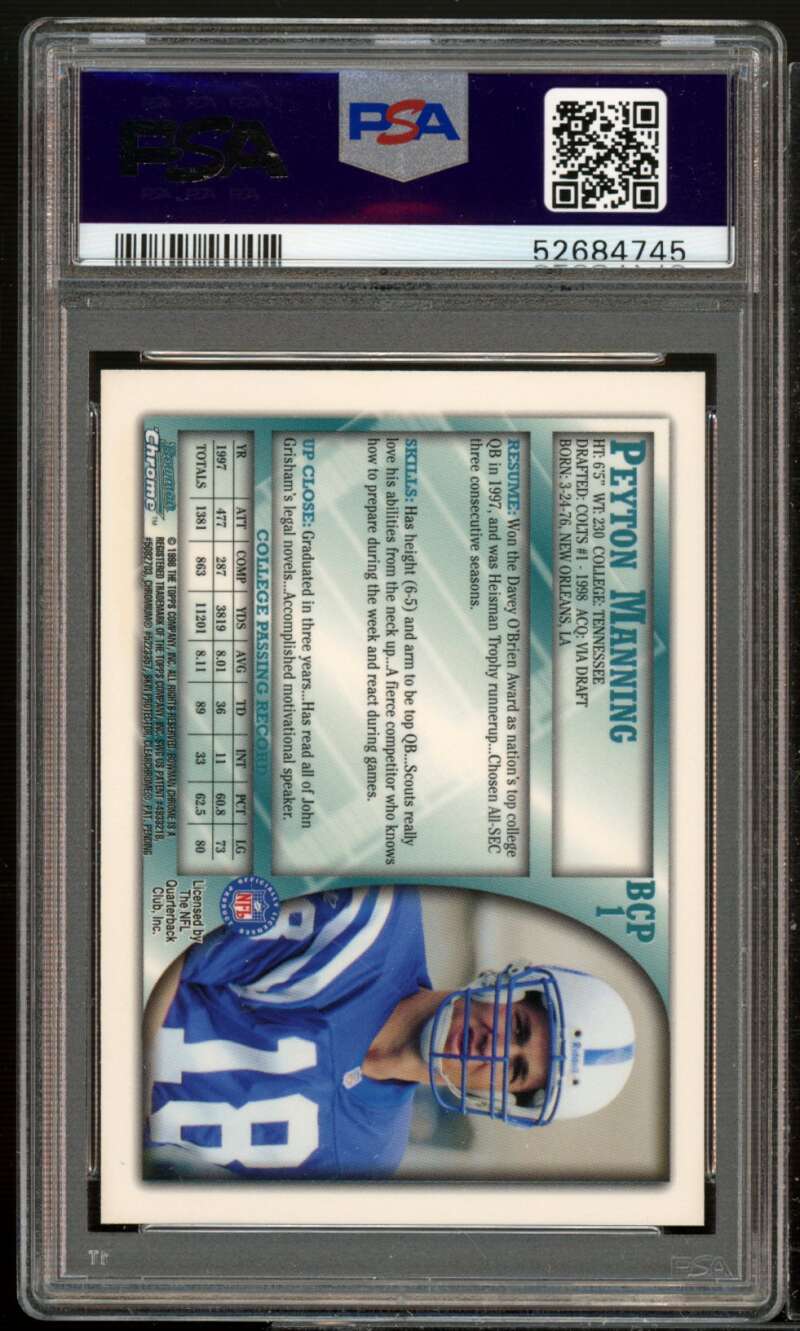 Peyton Manning Rookie Card 1998 Bowman Chrome Preview #BCP1 PSA 9 Image 2