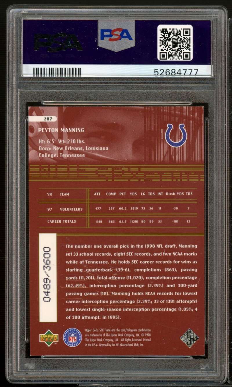 Peyton Manning Rookie Card 1998 SPX Finite Radiance #287 PSA 6 Image 2