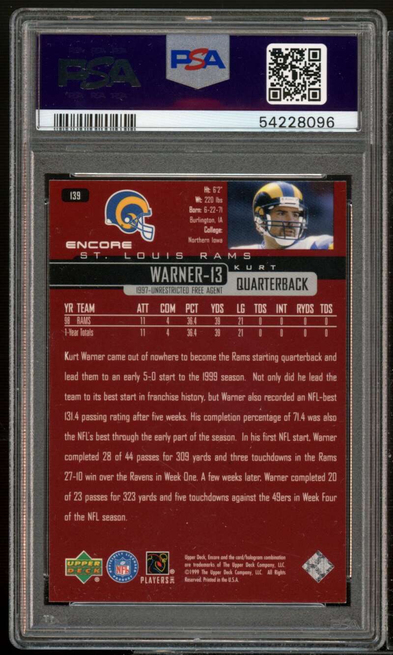 Kurt Warner Rookie Card 1999 Upper Deck Encore #139 PSA 9 Image 2