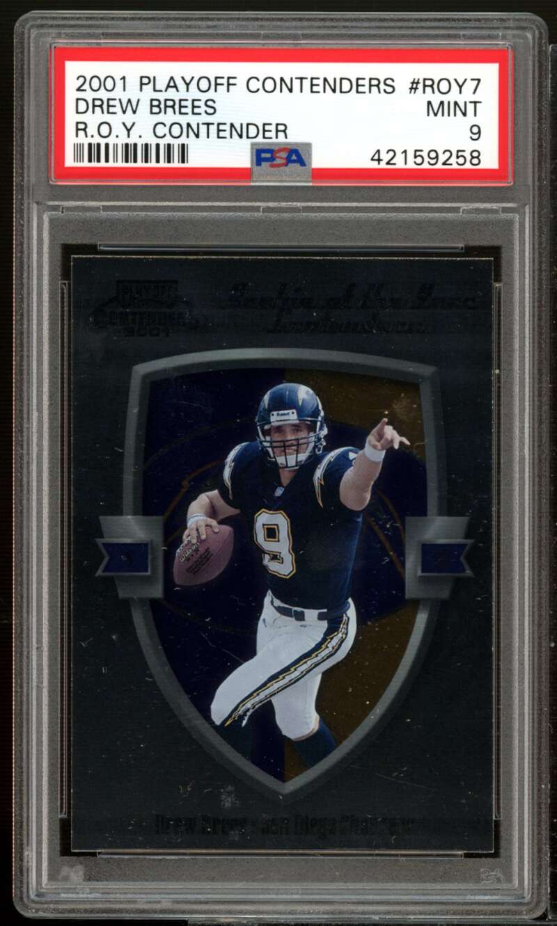 Drew Brees Rookie 2001 Playoff Contenders R.O.Y. Contenders (pop 1) #roy7 PSA 9 Image 1