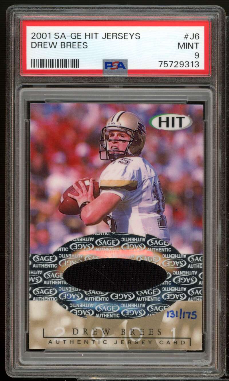 Drew Brees Rookie Card 2001 SAGE HIT Jerseys (pop 2) #J6 PSA 9 Image 1