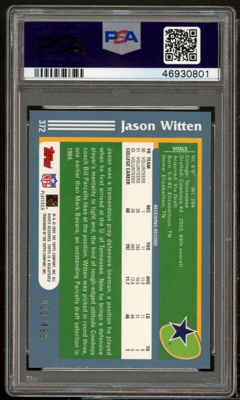 Jason Witten Rookie Card 2003 Topps Gold (pop 1) #372 PSA 8 Image 2