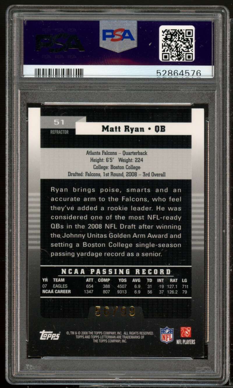 Matt Ryan Rookie Card 2008 Topps Letterman Refractor (pop 3) #51 PSA 9 Image 2