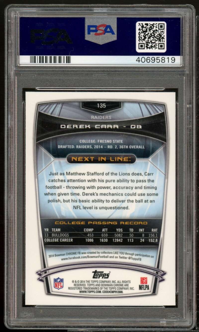 Derek Carr Rookie Card 2014 Bowman Chrome #135 PSA 10 Image 2