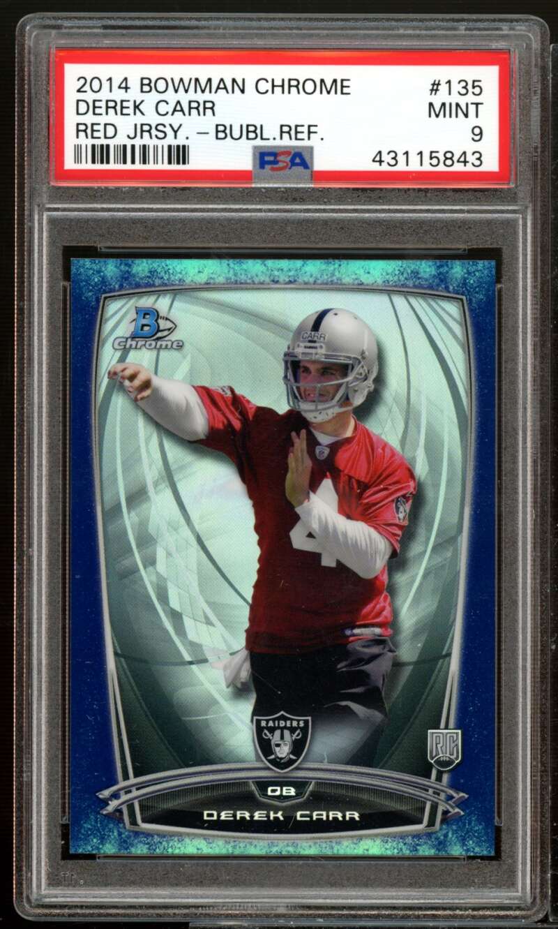 Derek Carr Rookie Card 2014 Bowman Chrome Bubble Refractor (pop 8) #135 PSA 9 Image 1