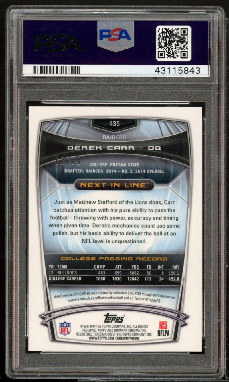 Derek Carr Rookie Card 2014 Bowman Chrome Bubble Refractor (pop 8) #135 PSA 9 Image 2