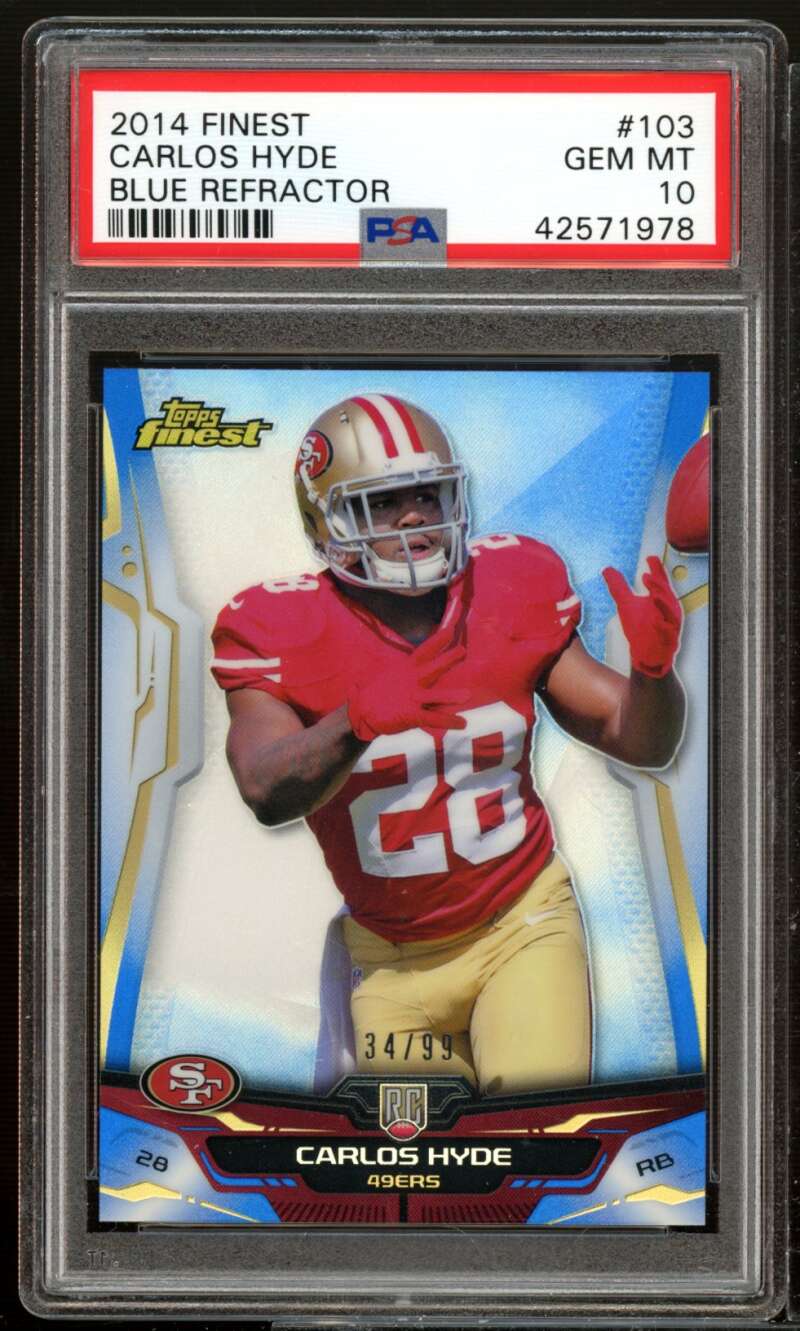 Carlos Hyde Rookie Card 2014 Finest Blue Refractor (pop 1) #103 PSA 10 Image 1