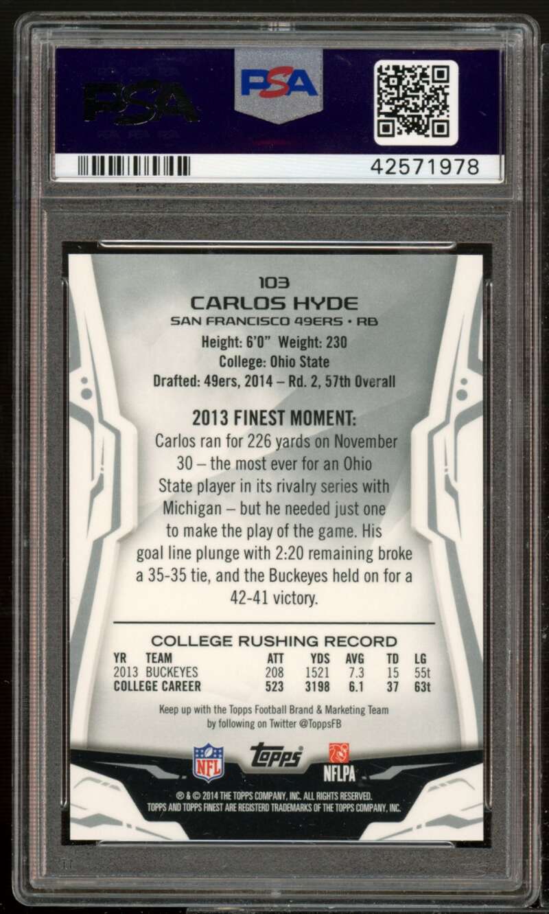 Carlos Hyde Rookie Card 2014 Finest Blue Refractor (pop 1) #103 PSA 10 Image 2