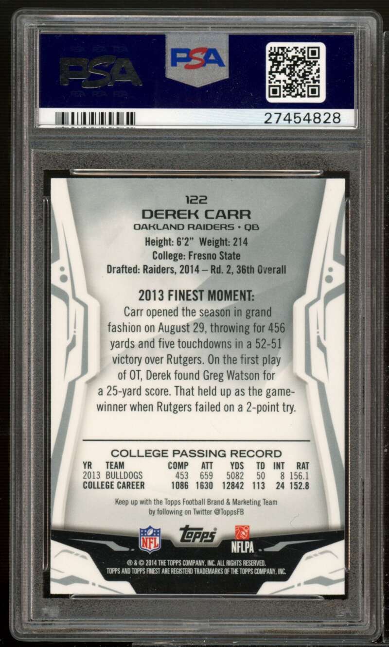 Derek Carr Rookie Card 2014 Finest Refractor #122 PSA 9 Image 2