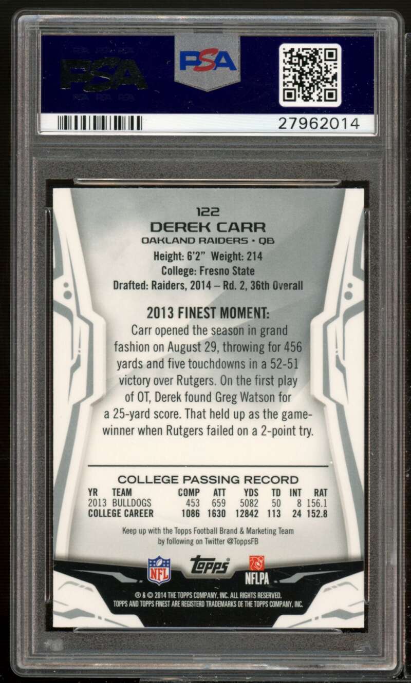 Derek Carr Rookie Card 2014 Finest Xfractor #122 PSA 9 Image 2