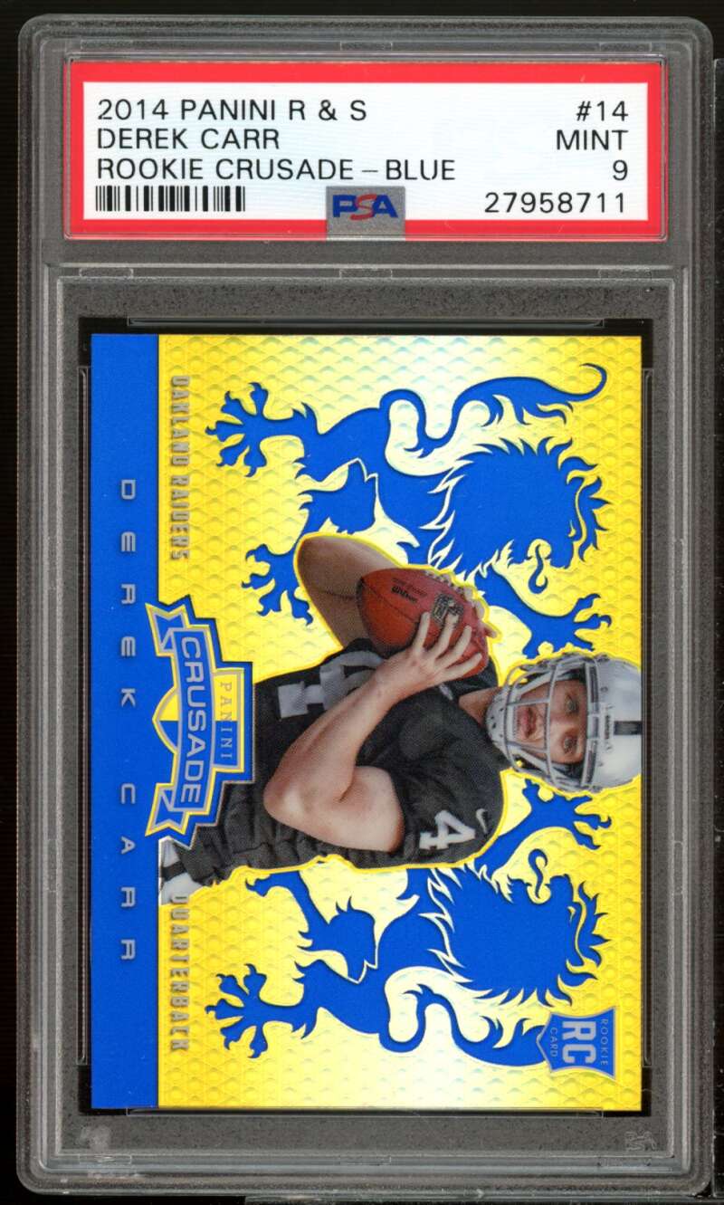 Derek Carr Rookie Card 2014 Panini Rookies Stars Rookie Crusade Blue #14 PSA 9 Image 1