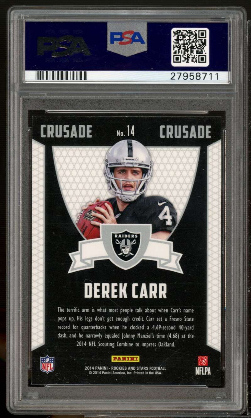 Derek Carr Rookie Card 2014 Panini Rookies Stars Rookie Crusade Blue #14 PSA 9 Image 2