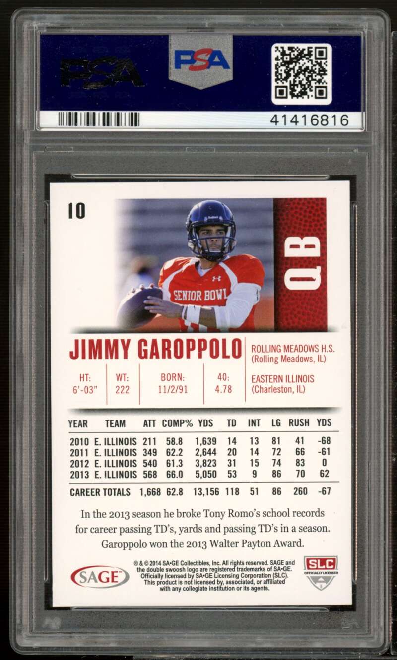 Jimmy Garoppolo Rookie Card 2014 SAGE HIT #10 PSA 10 Image 2