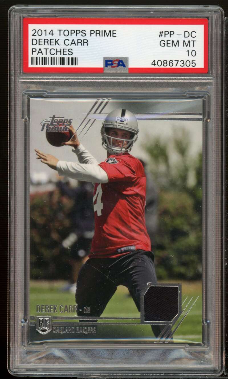 Derek Carr Rookie Card 2014 Topps Prime Prime Patches (pop 2) #PP-DC PSA 10 Image 1