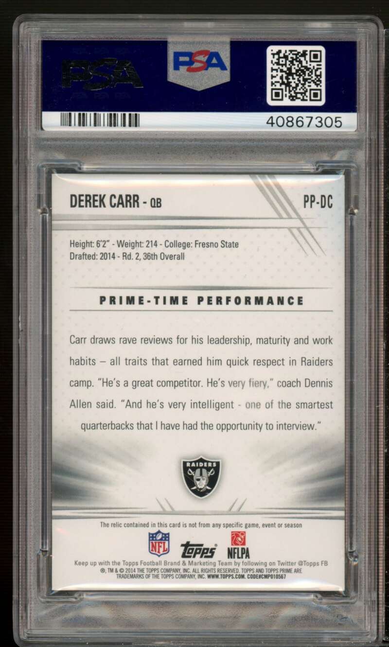 Derek Carr Rookie Card 2014 Topps Prime Prime Patches (pop 2) #PP-DC PSA 10 Image 2