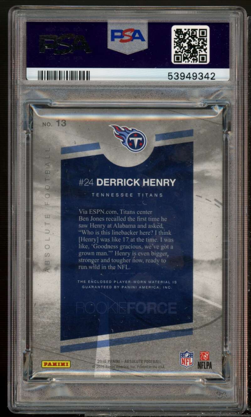 Derrick Henry RC 2016 Panini Absolute Rookie Force Material (pop 1) #13 PSA 9 Image 2