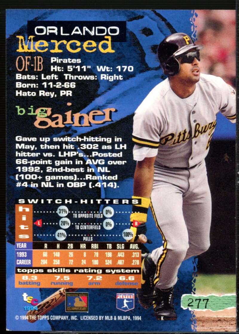 Orlando Merced Card 1994 Stadium Club First Day Issue #277  Image 2