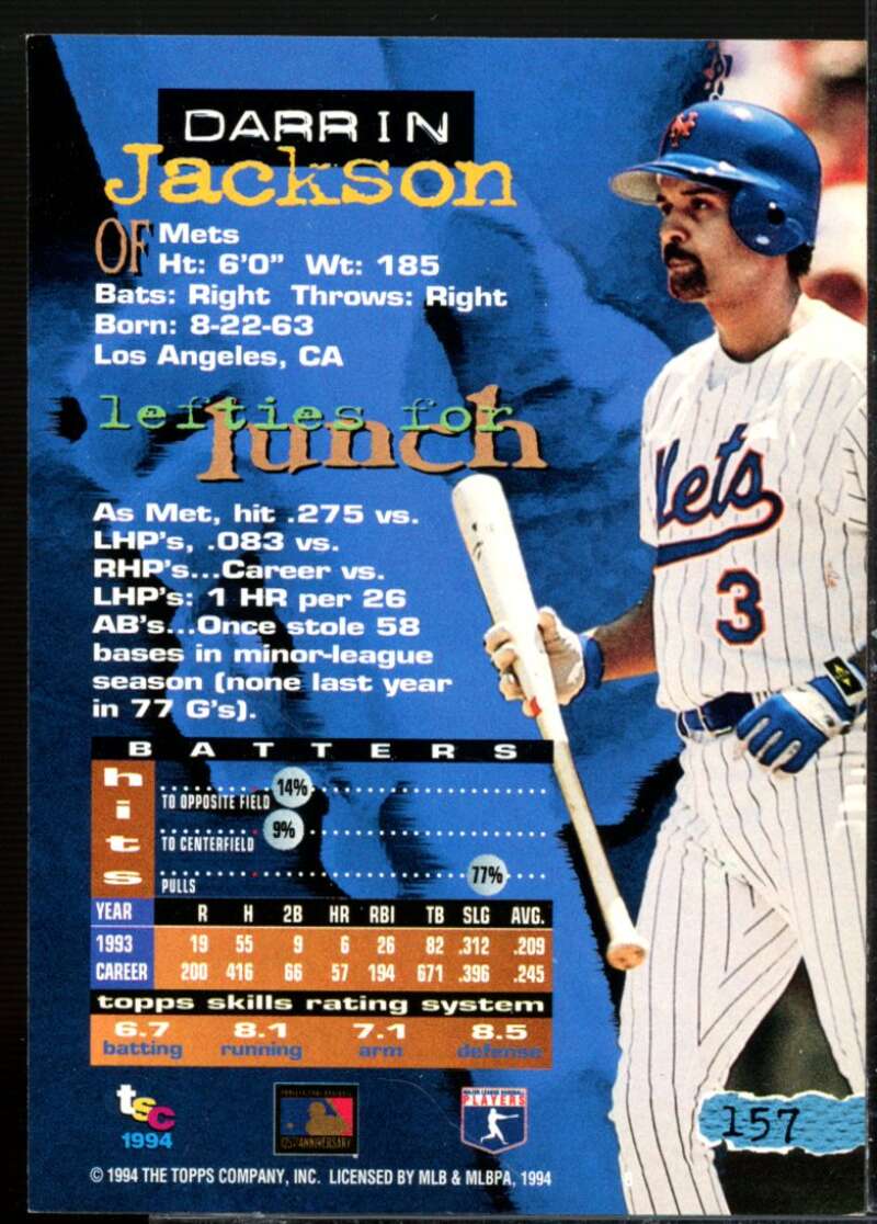 Darrin Jackson Card 1994 Stadium Club First Day Issue #157  Image 2