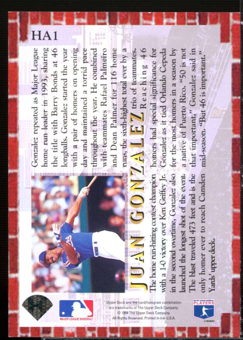Juan Gonzalez Card 1994 Collector's Choice Home Run All-Stars #HA1  Image 2