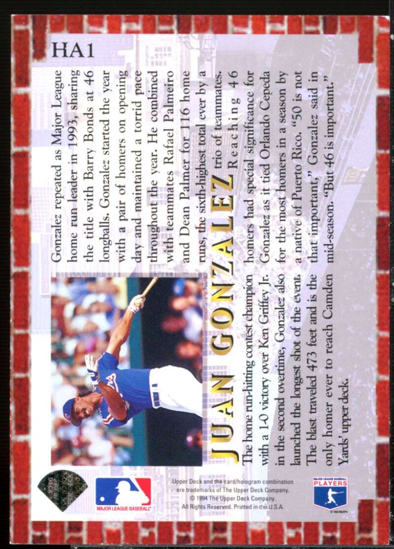 Juan Gonzalez Card 1994 Collector's Choice Home Run All-Stars #HA1  Image 2