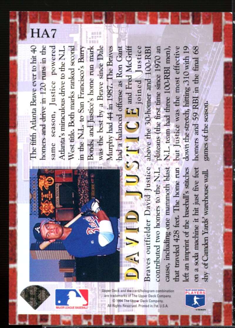 David Justice Card 1994 Collector's Choice Home Run All-Stars #HA7  Image 2
