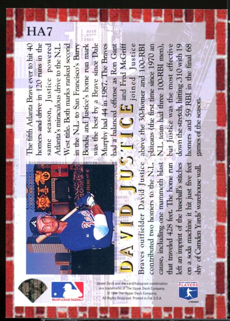 David Justice Card 1994 Collector's Choice Home Run All-Stars #HA7  Image 2