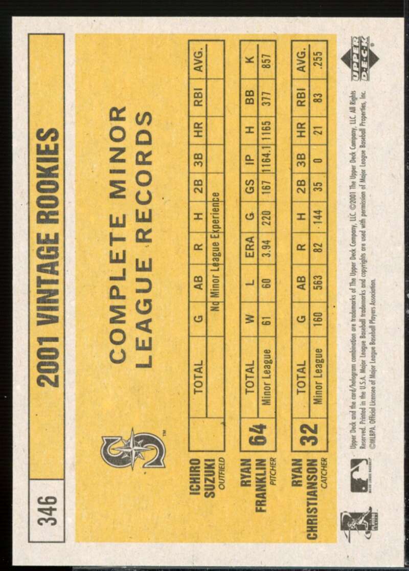 Ichiro Suzuki Rookie Card 2001 Upper Deck Vintage #346  Image 2