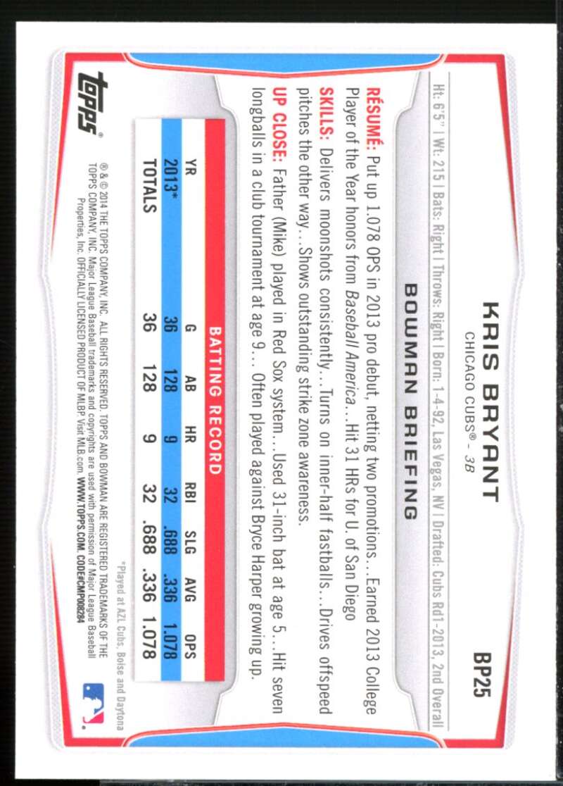 Kris Bryant Rookie Card 2014 Bowman Prospects #BP25  Image 2