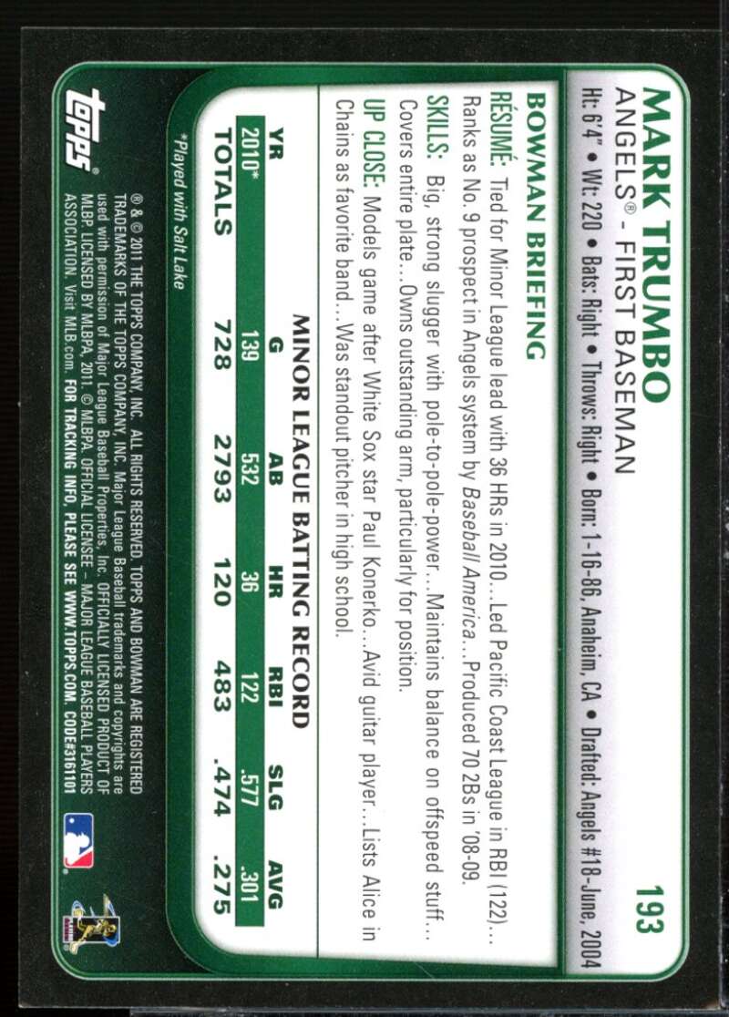 Mark Trumbo Rookie Card 2011 Bowman #193  Image 2