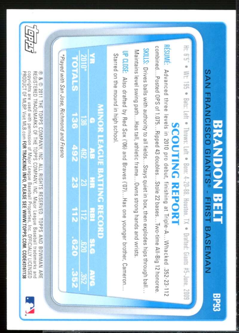 Brandon Belt Rookie Card 2011 Bowman Prospects #BP93  Image 2