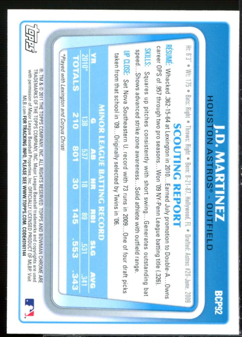 J.D. Martinez Rookie Card 2011 Bowman Chrome Prospects #BCP92  Image 2