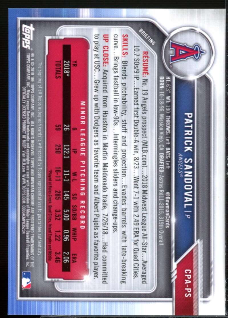 Patrick Sandoval 2019 Bowman Chrome Prospect Autograph Purple Refractors #CPAPS  Image 2