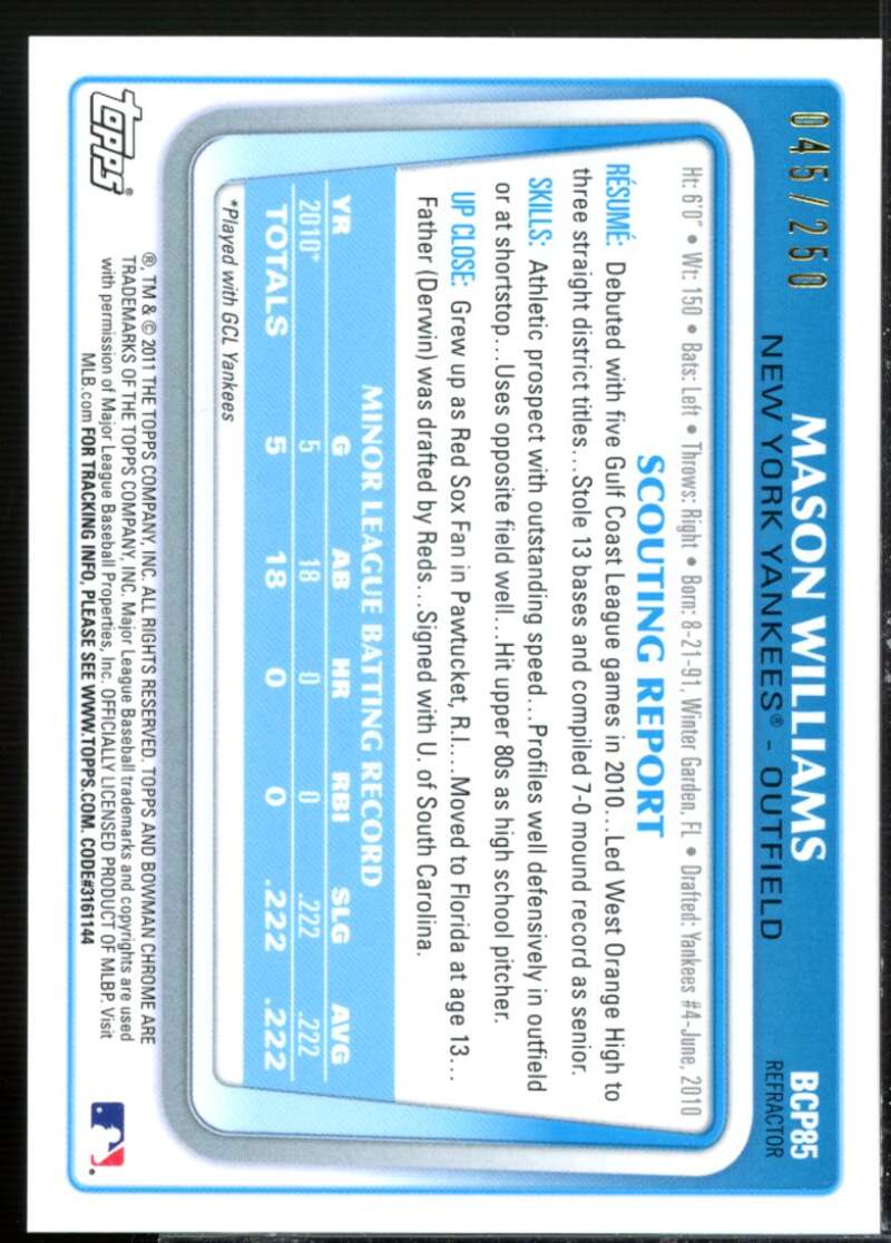 Mason Williams Rookie Card 2011 Bowman Chrome Prospects Blue Refractors #BCP85  Image 2
