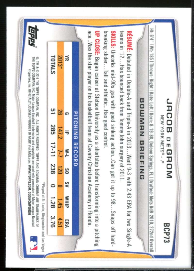 Jacob deGrom Rookie Card 2014 Bowman Chrome Prospects #BCP73  Image 2