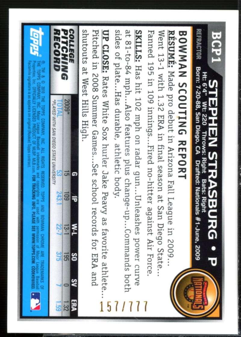 Stephen Strasburg Rookie Card 2010 Bowman Chrome Prospects Refractors #BCP1  Image 2
