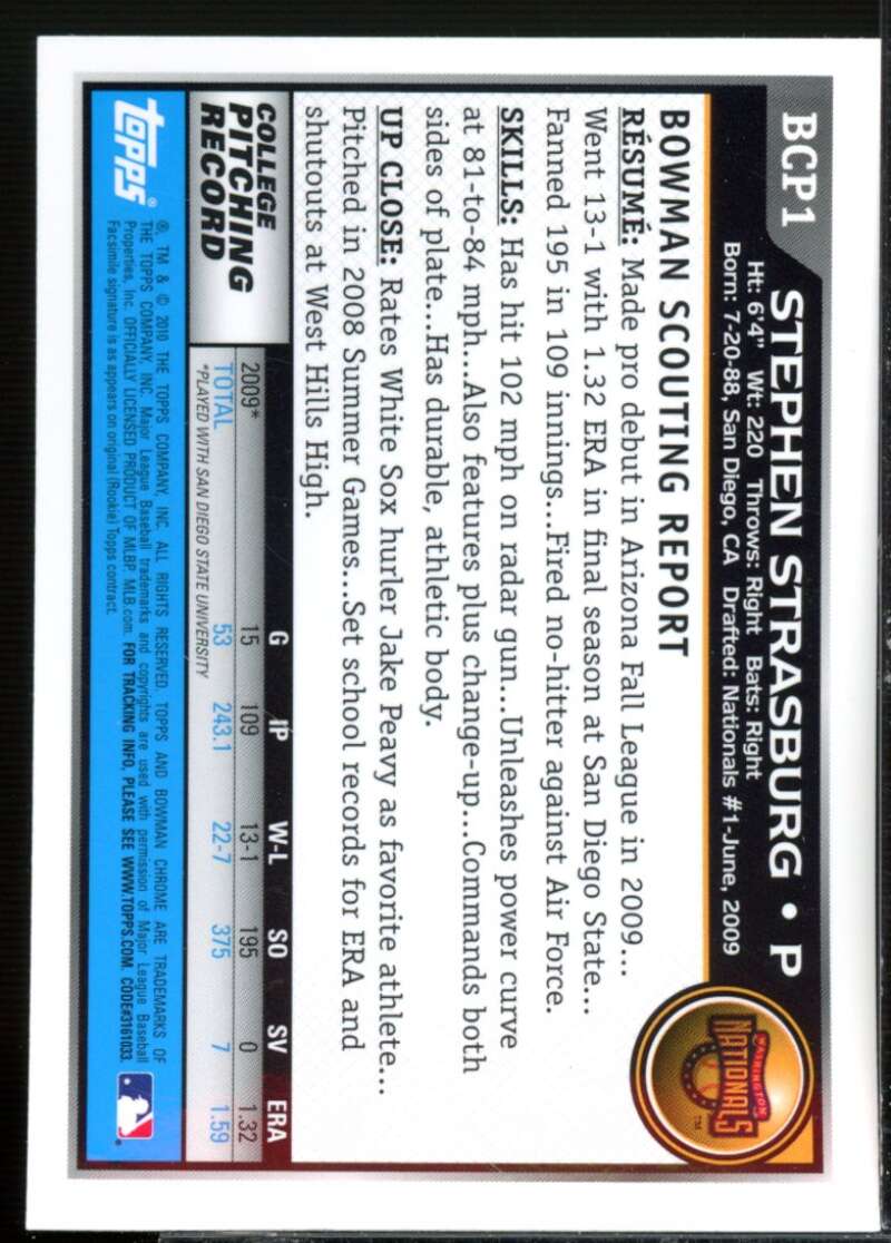 Stephen Strasburg Rookie Card 2010 Bowman Chrome Prospects #BCP1  Image 2