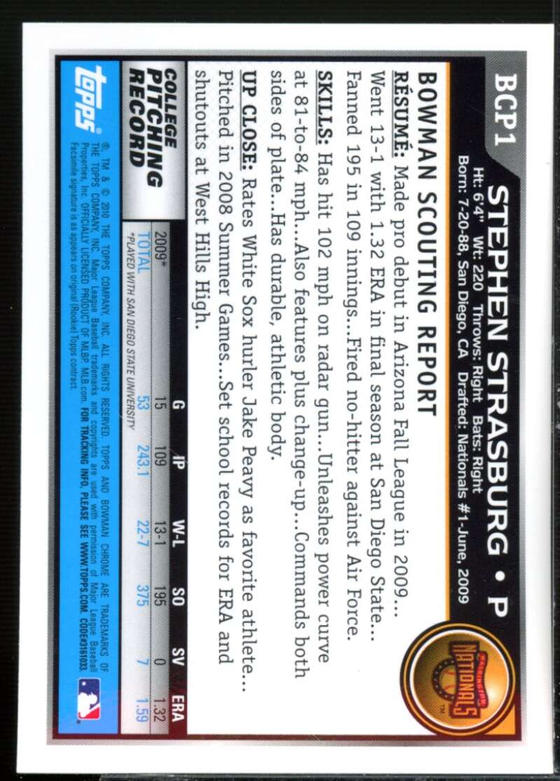 Stephen Strasburg Rookie Card 2010 Bowman Chrome Prospects #BCP1  Image 2