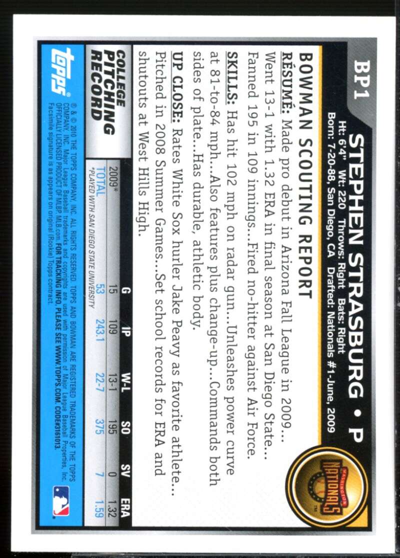 Stephen Strasburg Rookie Card 2010 Bowman Draft #BDP1  Image 2