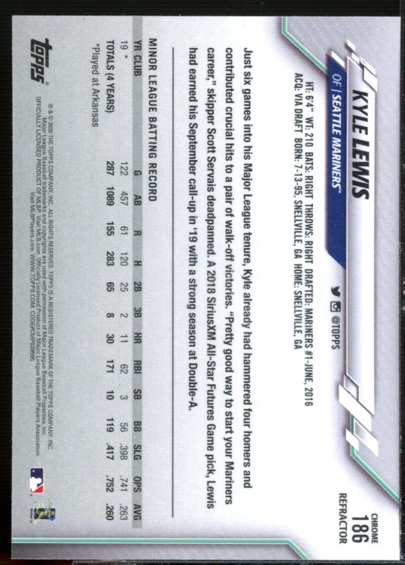 Kyle Lewis Rookie Card 2020 Topps Chrome Negative Refractors #186  Image 2