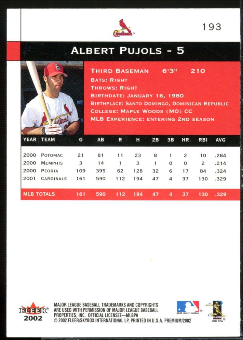 Albert Pujols Card 2002 Fleer Premium #193  Image 2