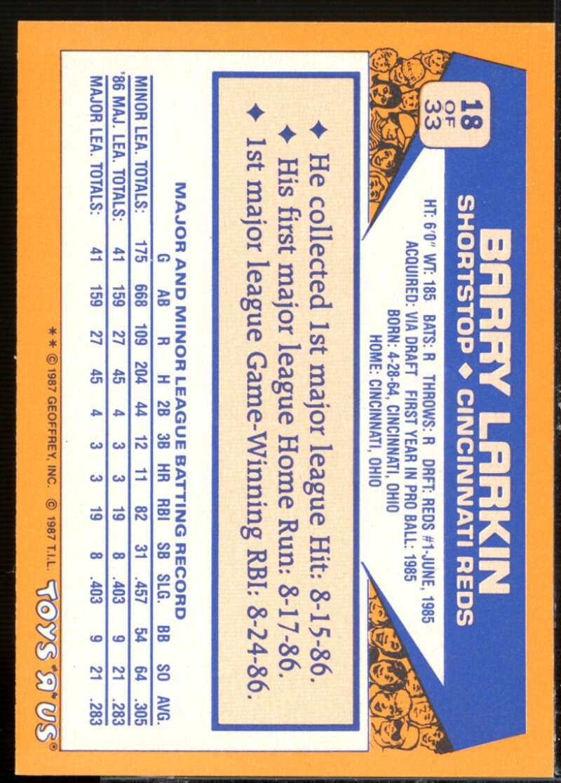 Barry Larkin Rookie Card 1987 Toys R Us Rookies #18  Image 2
